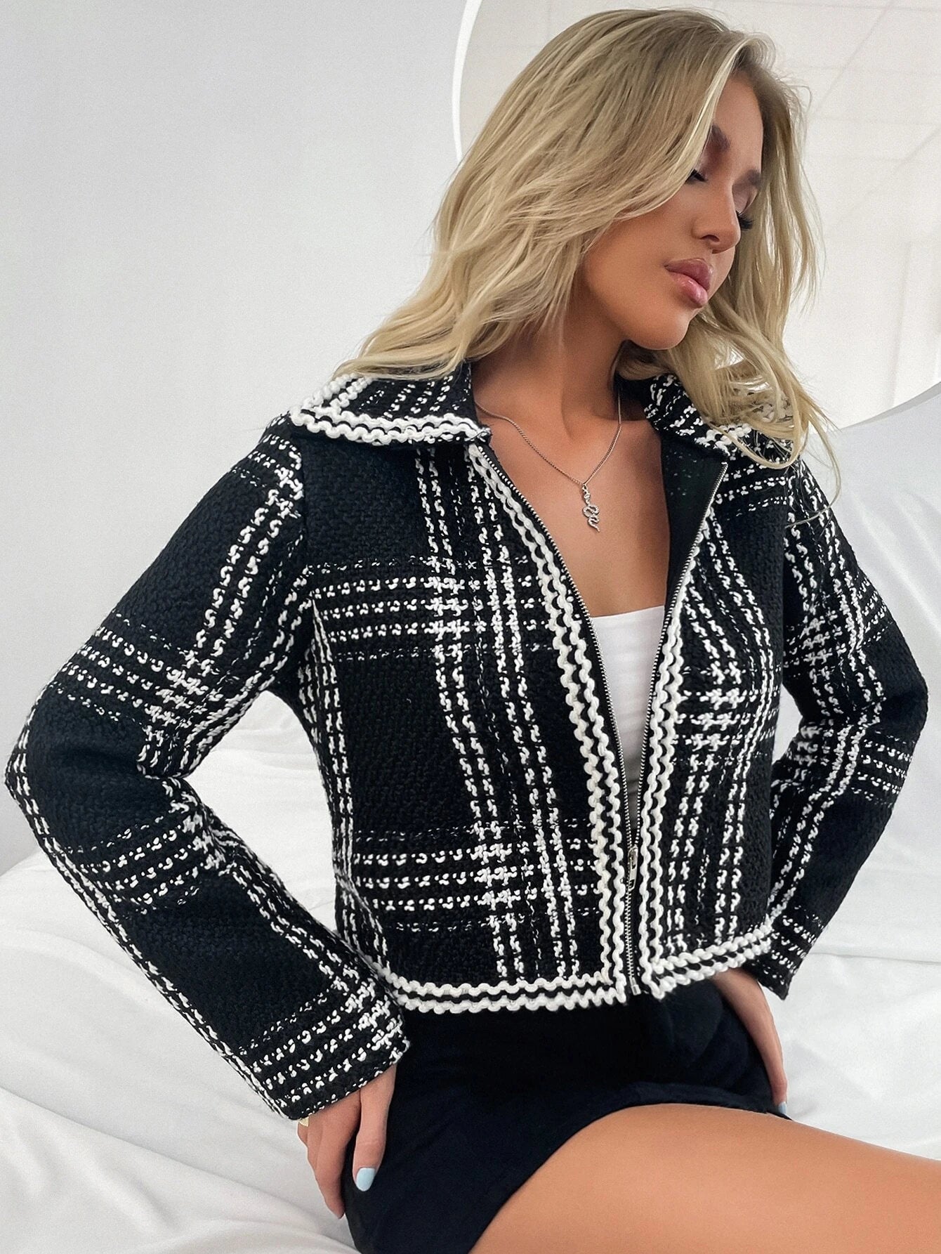 Women's Zip Up Plaid Tweed Jacket PLM22-37 – Pascalelamode