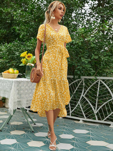 yellow ditsy print bardot frill hem skater dress Bardot Frill Hem Detail Shirred Mini Dress In Yellow | EGO US