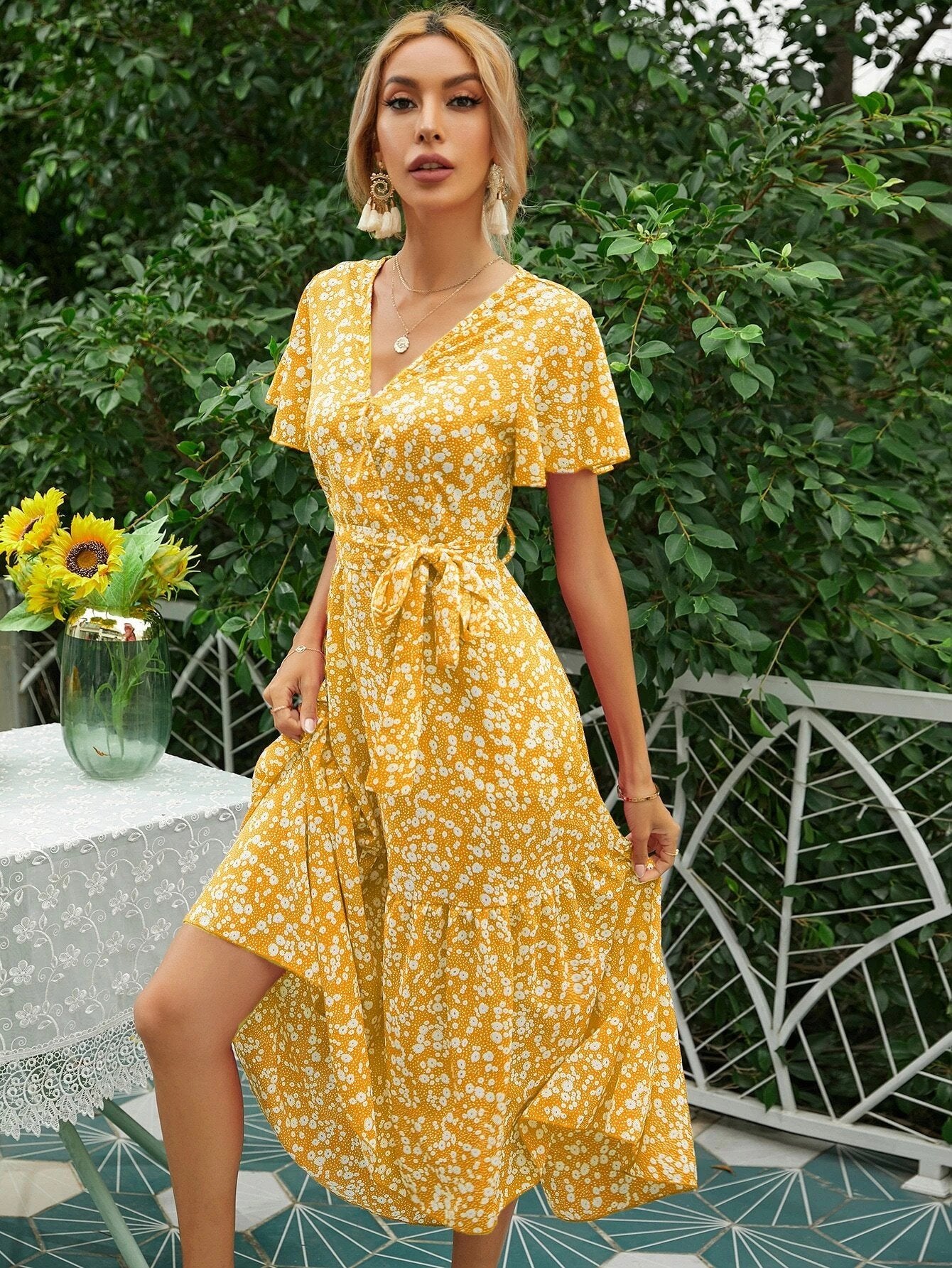 Women's Flippy Hem Belted Ditsy Floral Print Dress Yellow Color PLM22- Pascalelamode Women's Flippy Hem Belted Ditsy Floral Print Dress Yellow Color PLM22- Pascalelamode
